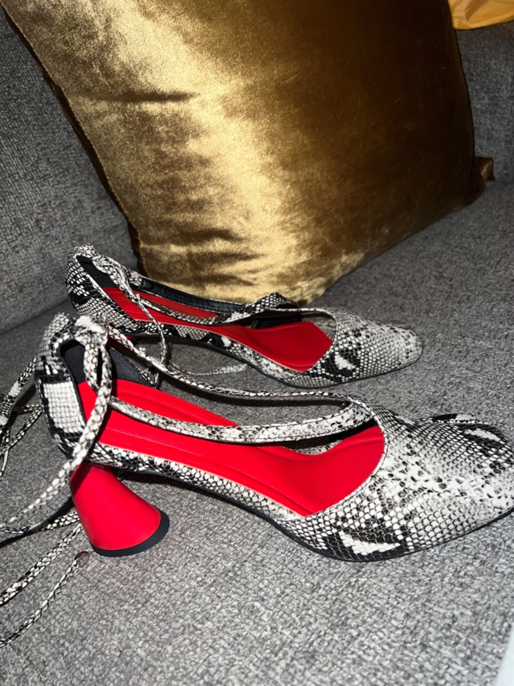 Snake-Print Ankle-Tie Pumps with Red Lining